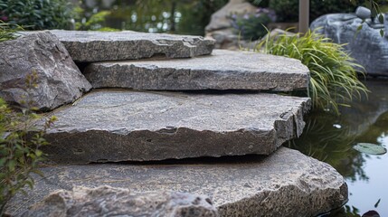 flat stone podium on a rock platform serves as a stylish showcase against a backdrop of verdant forest scenery