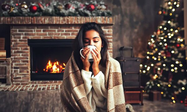 Jeune femme brune assise par terre avec un plaid sur les &eacute;paules, buvant un th&eacute; devant une chemin&eacute;e pour se r&eacute;chauffer, avec un d&eacute;cor de No&euml;l dans le salon, sc&egrave;ne chaleureuse et festive