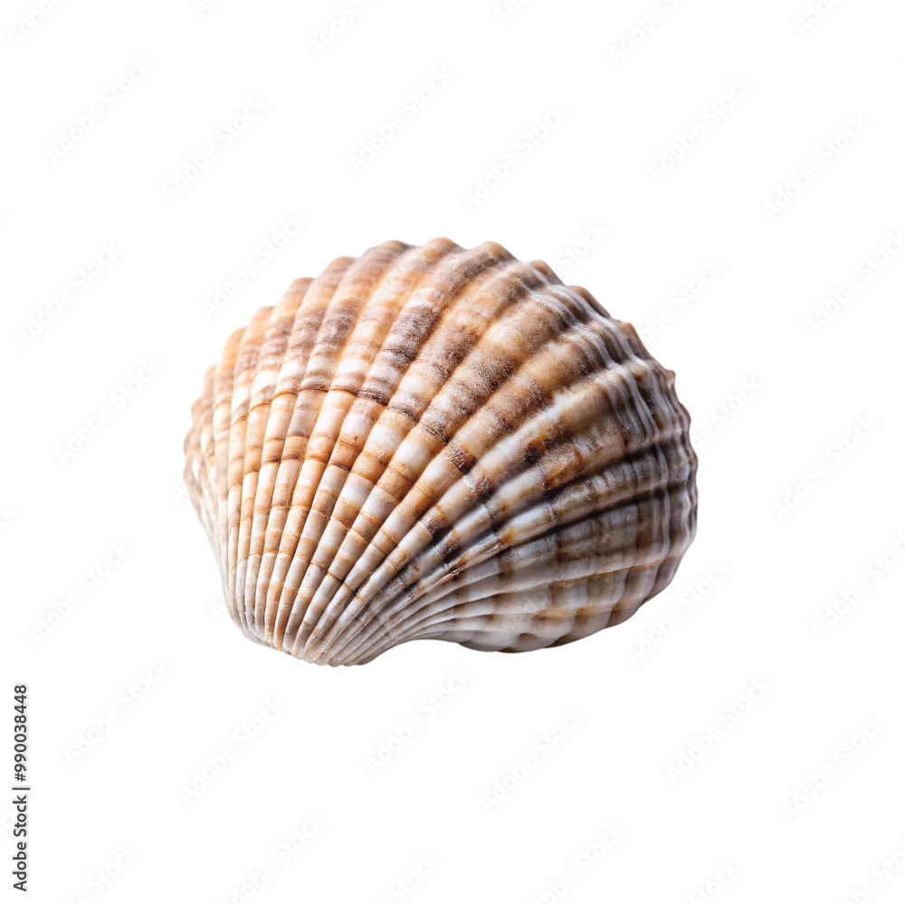 Poster a fan-shaped seashell with a ridged surface, brown and white in color, shown against a transparent b