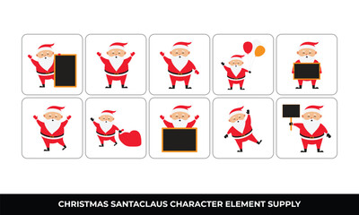 Eight Santa Claus characters various poses holding signs, balloons, and a sack.