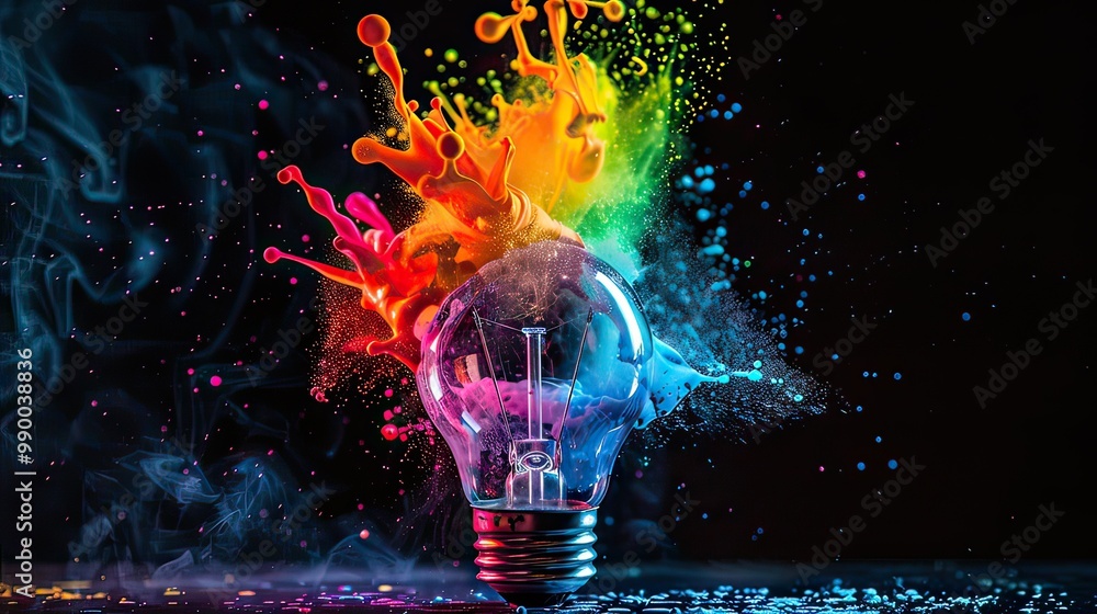 Poster close-up of an exploding light bulb releasing a spectrum of paint in mid-air, set on a dark backgrou