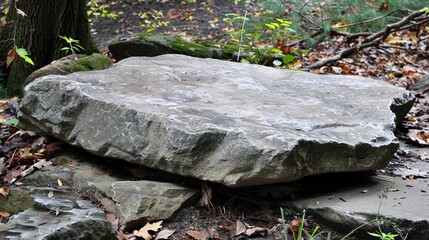 flat stone podium on a rock platform serves as a stylish showcase against a backdrop of verdant forest scenery