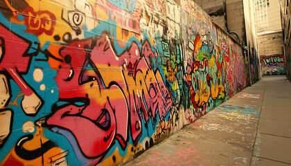 Fototapeta premium A graffiti-covered urban wall, showcasing vibrant colors, bold lines, and an edgy, artistic vibe