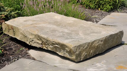 flat stone podium on a rock platform serves as a stylish showcase against a backdrop of verdant forest scenery