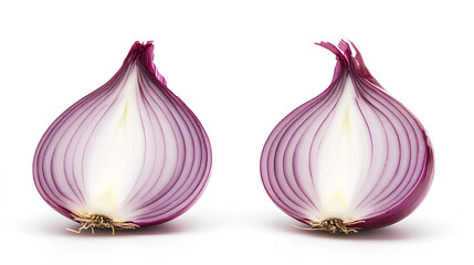 Separated red onion bulbs, showcasing smooth purple skin and crisp white layers, isolated on a clean white background for detailed food display.