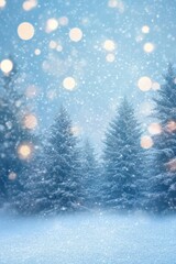 Snow trees with bokeh lighting in winter on a blurred background