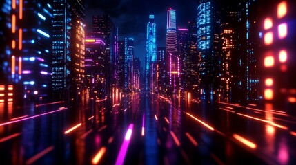 Fototapeta premium A futuristic cityscape illuminated by vibrant neon lights, showcasing the intersection of technology and urban environments. The image captures a sense of awe and wonder, representing the potential an
