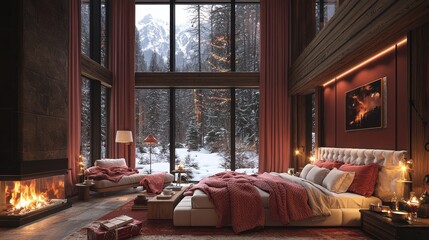 Cozy Cabin Bedroom with Fireplace and Mountain View