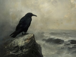 Fototapeta premium Solitary Crow on a Stormy Sea