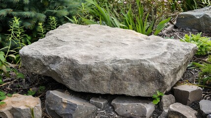 flat stone podium on a rock platform serves as a stylish showcase against a backdrop of verdant forest scenery