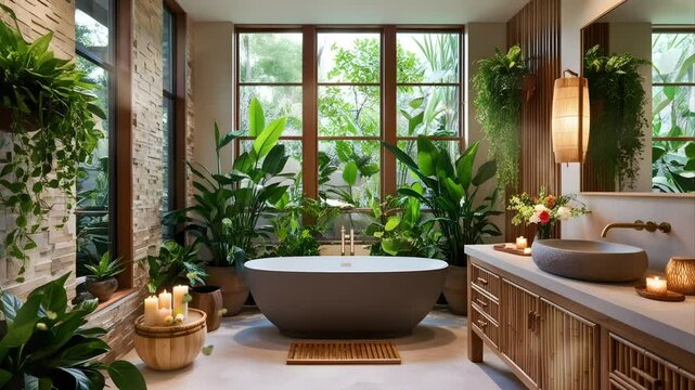 Bathroom with lots of potted plants. Seamless 4K looping timelapse video animation background
