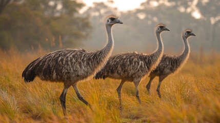Three Emus Walking Through Grassy Field