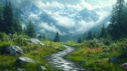 Serene mountain path surrounded by lush greenery and blooming flowers.