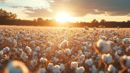 Obraz premium rural cotton field bathed in sunlight, a scenic view of cotton plants growing under the warm glow of the sun, highlighting the beauty of nature, agriculture, and seasonal harvest