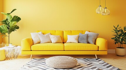 Yellow couch paired with neutral dÃ©cor elements, balancing bold color with a calming environment.