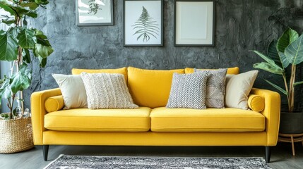 Yellow couch paired with neutral dÃ©cor elements, balancing bold color with a calming environment.