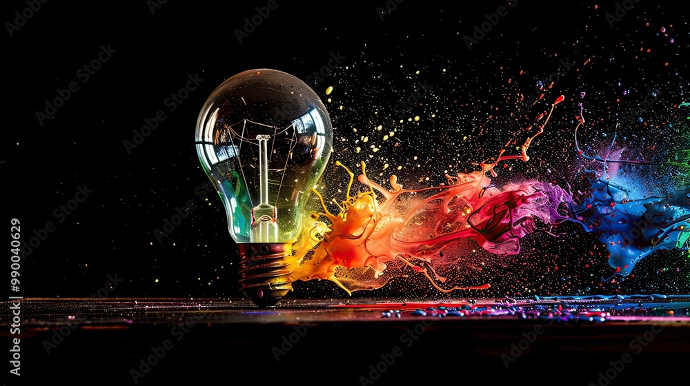 Poster a surreal image of a light bulb explosion, with shards of glass and a rainbow of paint splatters hig