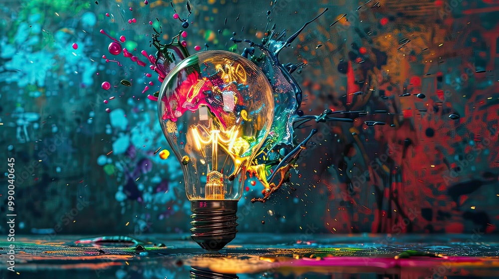 Poster a surreal image of a light bulb explosion, with shards of glass and a rainbow of paint splatters hig