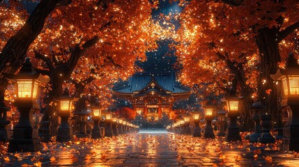 Naklejka premium Japanese Temple Pathway with Autumn Leaves and Lanterns at Night