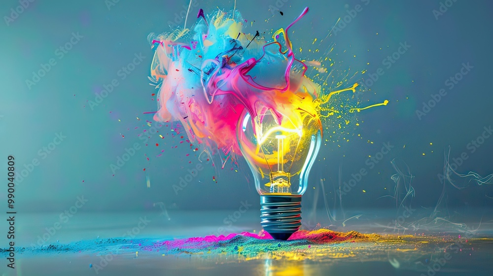 Poster conceptual art of a light bulb exploding into a colorful mess, illustrating the chaos of new ideas.