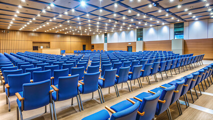 Obraz premium Empty conference hall with blue chairs, conference concept