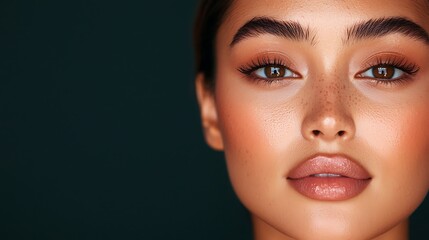 Obraz premium Beautiful Thai woman with luminous skin, relaxed expression, dark backdrop, soft glow around her face, influenced by Korean beauty shots for skincare ad, Isolate dark background. 