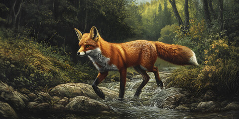 Red Fox Walking Through Stream