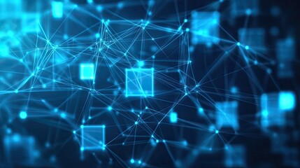 Abstract digital graphic with blue squares and lines connected by a plexus network, representing technological advancement.