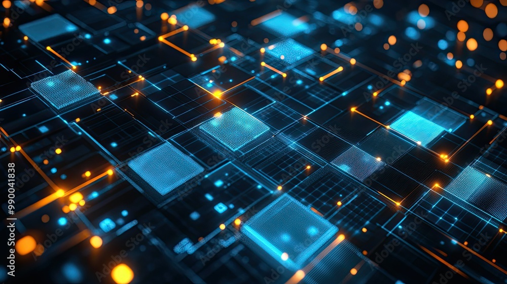 Poster abstract digital wireframe with squares and glowing blue lines, symbolizing data flow and futuristic
