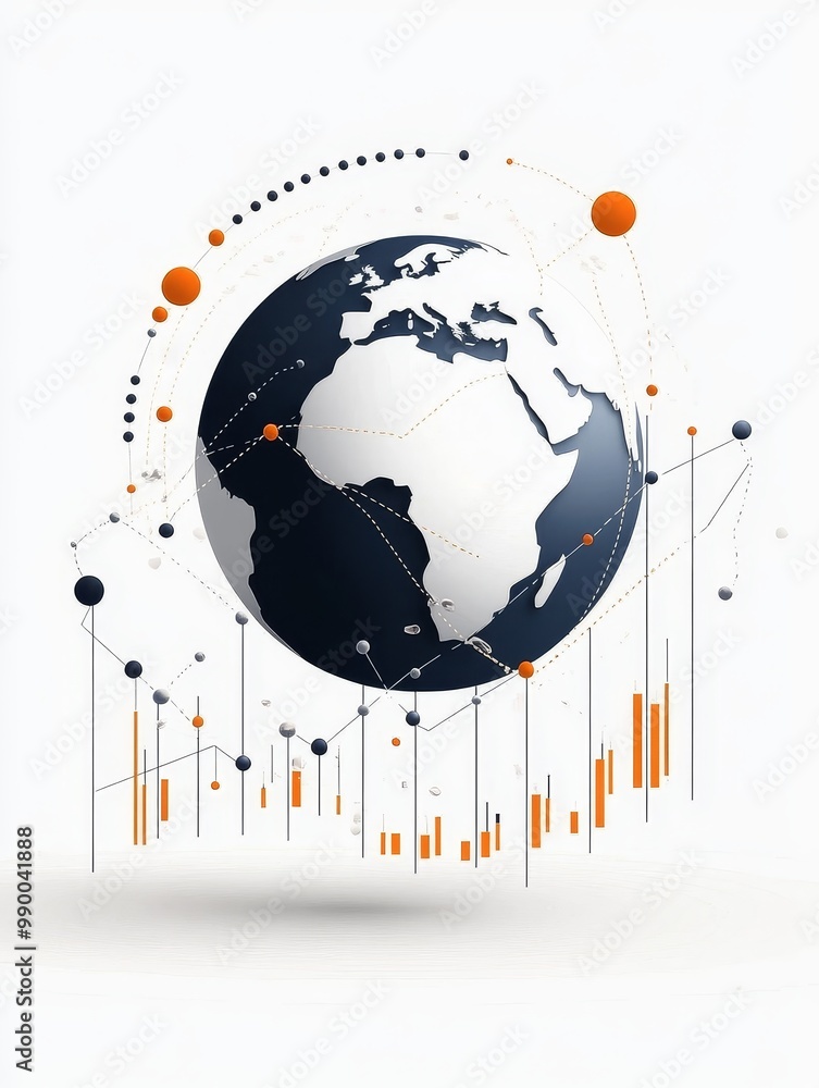 Poster a global data visualization depicting interconnectedness and growth trends with a globe at the cente