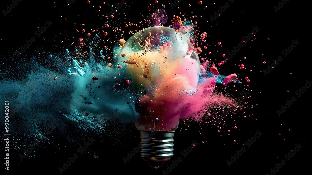 Poster conceptual art of a light bulb exploding into a colorful mess, illustrating the chaos of new ideas.