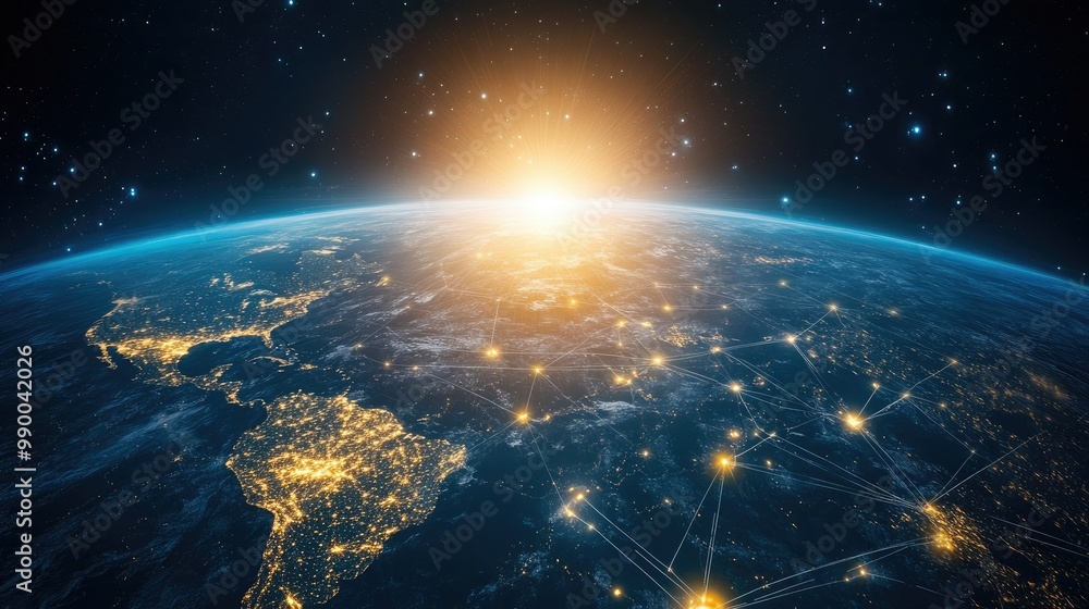 Poster abstract earth with glowing digital network connections, creating a visual of global connectivity.