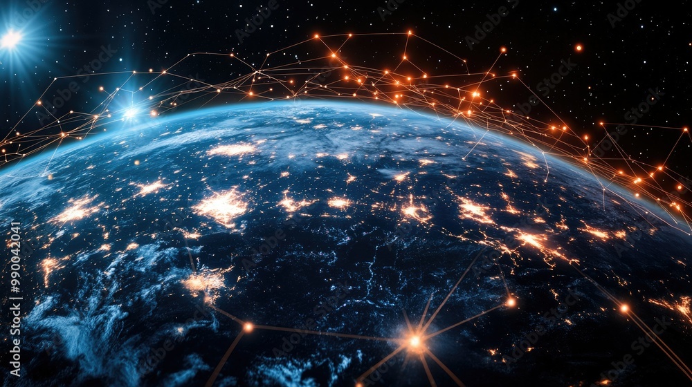 Poster abstract earth with glowing digital network connections, creating a visual of global connectivity.