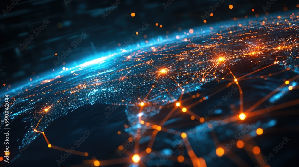 Poster abstract earth with glowing digital network connections, creating a visual of global connectivity.
