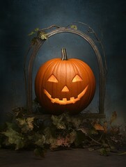 Naklejka premium A glowing jack-o'-lantern with a mischievous grin sits inside a rustic metal frame, surrounded by autumn leaves, creating a spooky and festive Halloween atmosphere.
