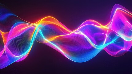 Abstract neon wave lines in bright, vibrant colors, flowing in curves over a dark background.