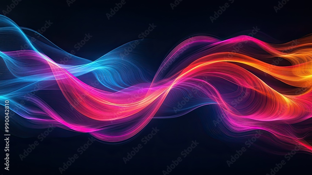 Poster abstract neon waves in vivid colors flowing across a dark background, creating a futuristic design.