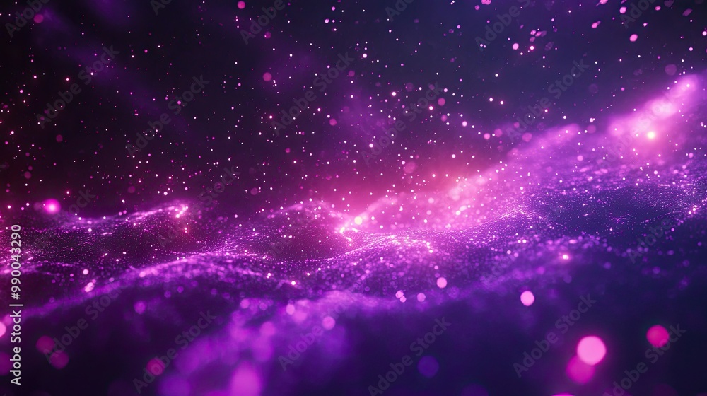 Poster abstract purple space with floating particles and a neon glow, creating a futuristic background.