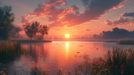 Obraz premium Serene sunset over a tranquil lake with lush vegetation and wildlife.