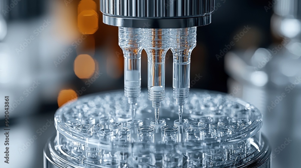 Poster automatic liquid filling machine in laboratory with multiple pipettes and vials