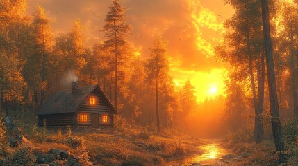 Cozy cabin at sunset surrounded by trees and a flowing stream.