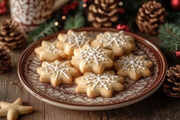 Plate of gingerbread cookies decorated with icing for christmas celebration