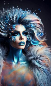 neige qui tombe sur une danseuse de cabaret dans le style de la Reine des Neiges, avec des cheveux givr&eacute;s et un maquillage bleu glac&eacute; &eacute;voquant le froid et la glace, spectaculaire et hivernale