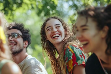 Fototapeta premium Smiling friends sharing a fun moment under the sun surrounded by vibrant green trees and natural light celebrating togetherness and the joy of friendship in a bright and cheerful outdoor atmosphere