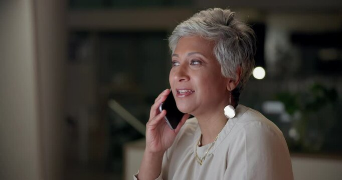 Phone call, mature woman and talking in office, night and working late for corporate, contact and overtime. Dark, communication and schedule of appointment for interview of journalist and boss