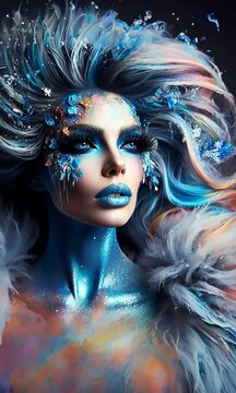 D&eacute;zoome sur une danseuse de cabaret dans le style de la Reine des Neiges, avec des cheveux givr&eacute;s et un maquillage bleu glac&eacute; &eacute;voquant le froid et la glace, spectaculaire et hivernale