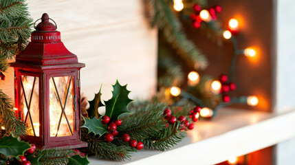 Festive red lantern surrounded by evergreen branches, holly, and Christmas lights on a rustic wooden shelf