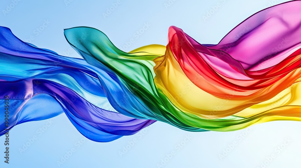 Poster abstract ribbons in rainbow colors flow to create a flag shape, representing lgbtq pride and accepta