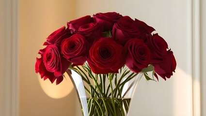 Delicately arranged red roses in full bloom, with gentle, curved petals and vibrant green stems, fill a sleek, transparent glass vase, set against a soft, creamy white background, illuminated by a war