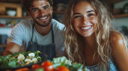 young happy couple taking a selfie while preparing a healthy salad in their home kitchen, bonding over fresh ingredients and enjoying the fun of cooking together for a nutritious meal